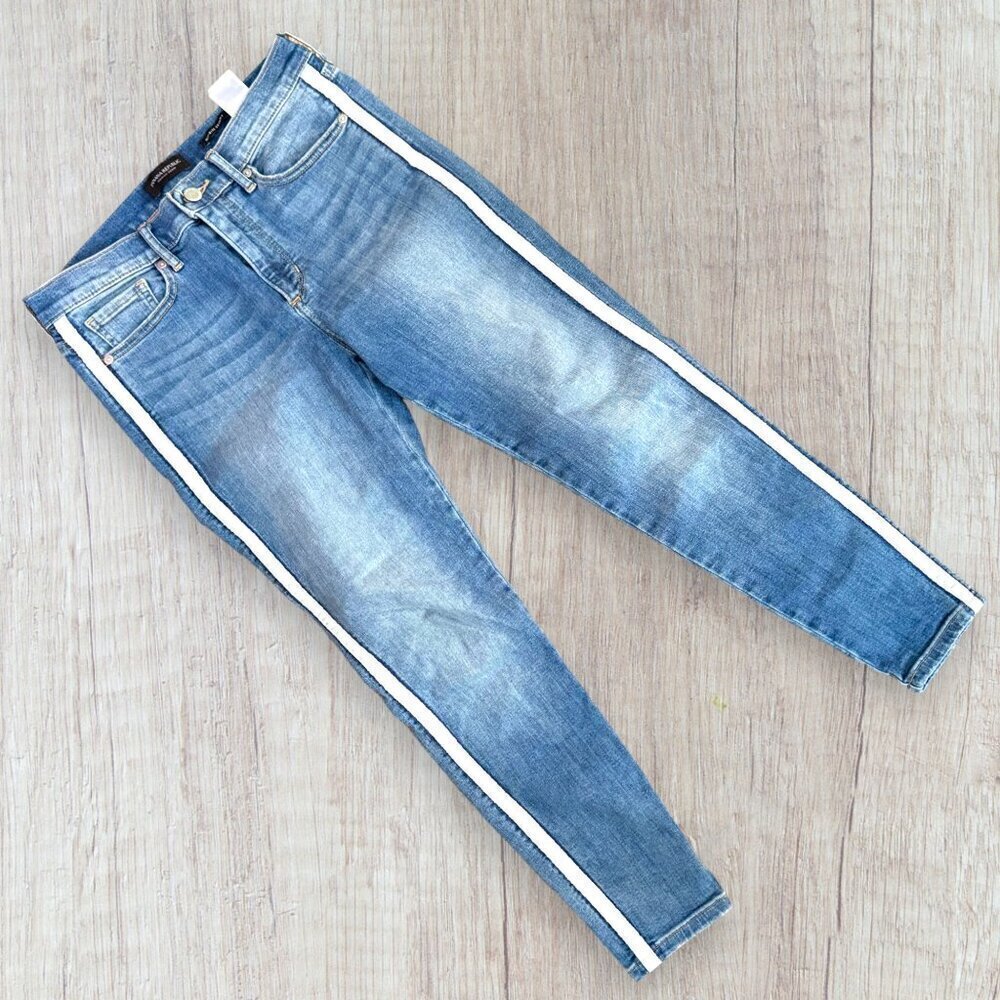 BANANA REPUBLIC Mid Rise Skinny White Ribbon Stripe Stretch Denim Jeans 28